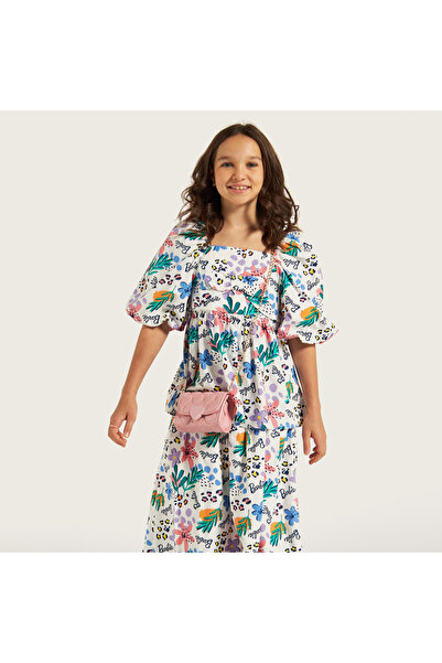 mattel All-Over Barbie Print Peplum Top with Square Neck and Balloon Sleeves