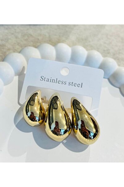 GAMZELİRENKLERİM أقراط ذهبية ثلاثية على شكل قطرة من الفولاذ