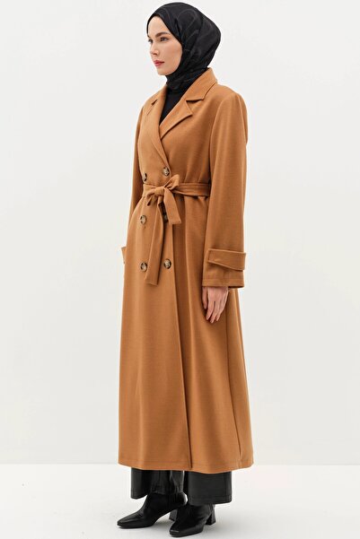 Tuğba Kol Bant Detaylı Keçe Kaban - Camel