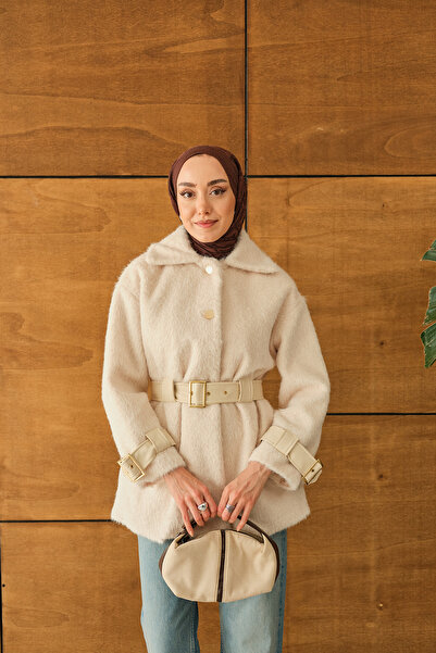 LOCCO Women's Gold Button Detail Belted Jacket Cream