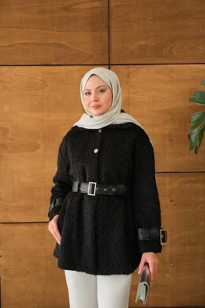 LOCCO Γυναικείο μπουφάν με χρυσό κουμπί και λεπτομέρεια με ζώνη μαύρο