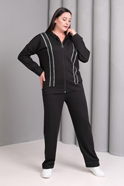 Ebsumu Women's Plus Size Vertical Stone Detailed Tracksuit Set