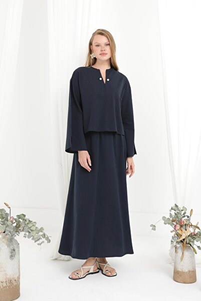 Loreen Жіночий комплект з спідницею з деталями з перлин -20684TKS - NAVY