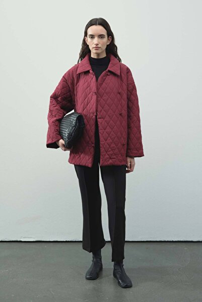 Hooopstore Buttoned Quilted Burgundy Coat