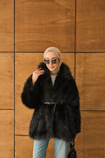 LOCCO Γυναικείο παλτό με λεπτομέρεια από γούνα με ζώνη μαύρο