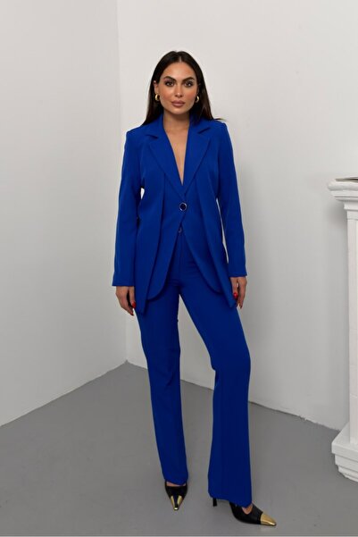 spirituel Set de două piese pentru femei, elegant, cu două straturi, cu nasturi, jachetă, pantaloni largi