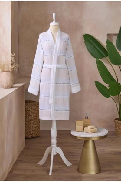 Özdilek Textura Peshtamal Blue White Family Set Kimono Bathrobe