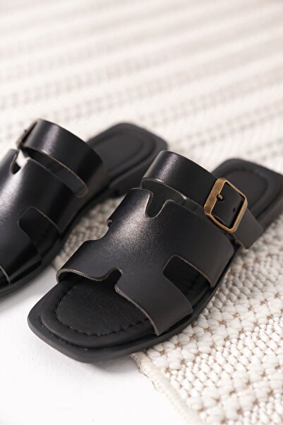 TRENDELLA Garcia Black Genuine Leather Slippers