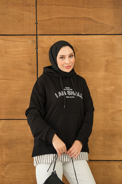 LOCCO Sweat pentru femei Yaz cu imprimeu cu glugă negru