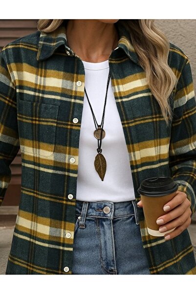 Pazarcan Cămașă țesută cu mânecă lungă pentru femei, cu model pătrat, cu nasturi în față