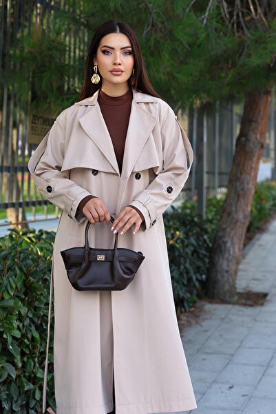 Dadali Double-Breasted Trench Coat with Collar Sleeves and Belt Detail Beige