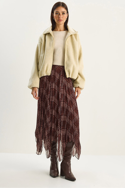 Bianco Lucci Women's Plaid Patterned Wrinkled Effect Lined Midi Chiffon Skirt De251105 60283760