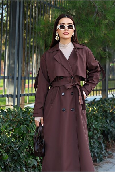 Dadali Double-Breasted Trench Coat with Collar Sleeves and Belt Detail Brown