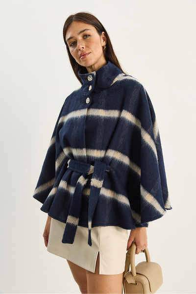 Bianco Lucci Women's Plaid Patterned Belted Button Detailed Cashmere Poncho 9081 60283766
