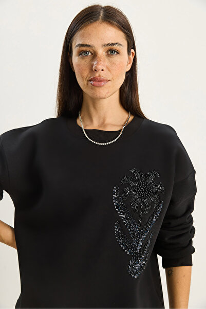 Bianco Lucci Дамска велосипедна блуза с флорална бродерия и три нишки Шерпа 60601052