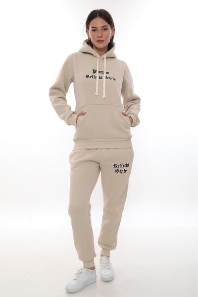 VAJESTO Set de trening casual pentru femei, bej, cu glugă buzunare cangur, cu...