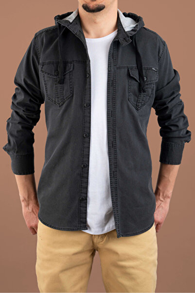 bombe Ανδρικό εφαρμοστό με κουκούλα τζιν πουκάμισο καπνιστό