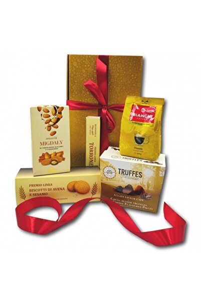 CADOURI PREMIUM Pachet cadou fara alcool, CADOURI PREMIUM®, model Golden Sweets, cu cafea Bianchi, migdale glazurate, biscuiti cu susan si trufe de ciocolata