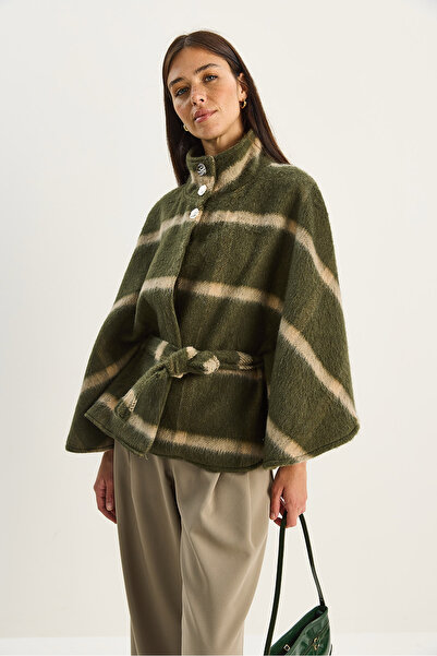 Bianco Lucci Women's Plaid Patterned Belted Button Detailed Cashmere Poncho 9081 60283766