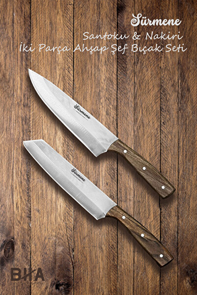 B-H-A BIÇAKÇI HACI AHMET Sürmene BHA Santoku ve Nakiri İki Parça Aşçı Şef Bıçağı Seti Mutfak Çeyiz Hediye Gastronomi 18,5 cm