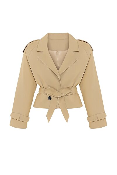 HAKKE Woven Trench Coat Crop Blazer Jacket