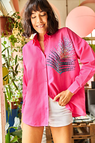Olalook Women's Fuchsia Palm Sequin Detailed Boyfriend Woven Shirt Gml-19001400
