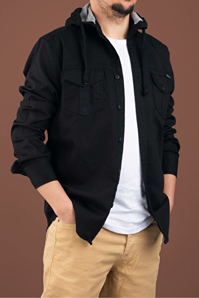 bombe Men's Slim Fit Hooded Denim Shirt Black