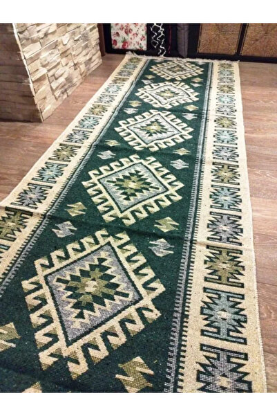 OEM Traditional rug, size 100 x 300 cm, green and cream, ROMB pattern