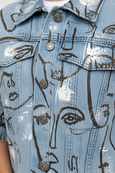 Kübra Tekstil Jachetă de blugi crop pentru femei, cu mâneci lungi, cu nasturi albastre, cu imprimeu - Jachetă pentru femei de sezon nou