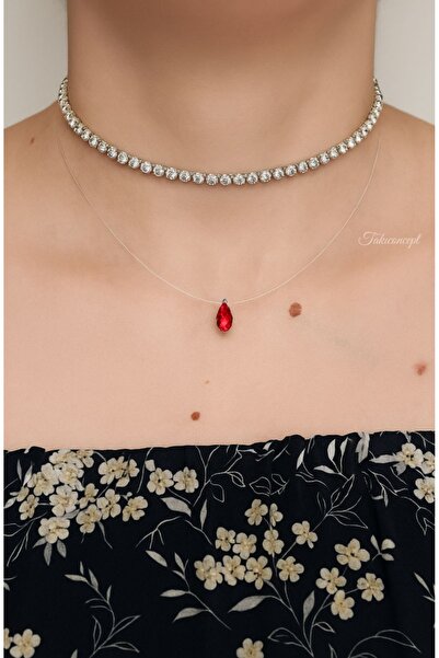 TakıConcept Kristal Taşlı İkili Hayalet Choker, Kadın Kolye, Şeffaf Kolye