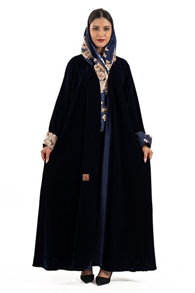 Hasnaa Abaya Widad abaya with navy blue French silk trim