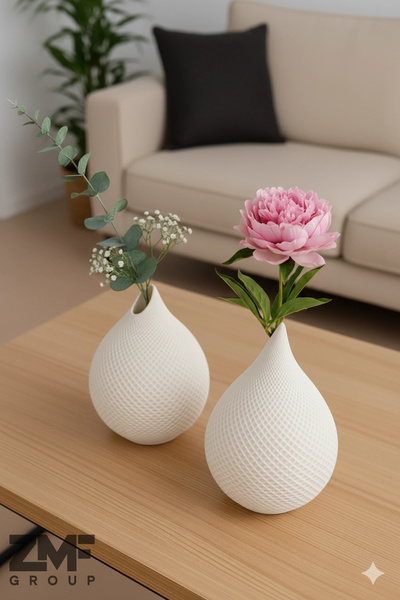 Cavelle Double Wicker Grid Pattern White Drop Vase Set