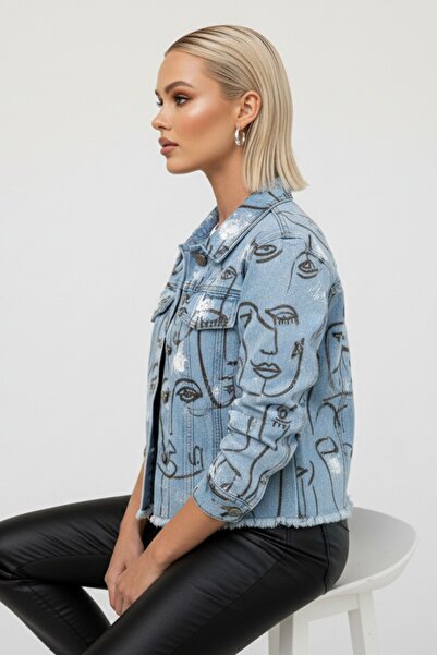 Kübra Tekstil Jachetă de blugi crop pentru femei, cu mâneci lungi, cu nasturi albastre, cu imprimeu - Jachetă pentru femei de sezon nou