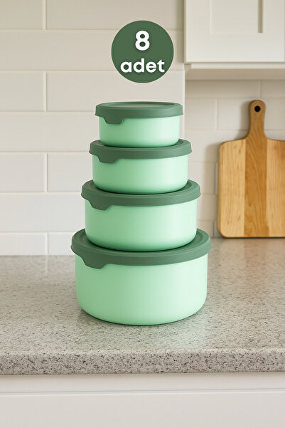 grimorlife 8 Leakproof Round Food Storage Containers 0.45 Lt + 0.80 Lt + 1.5 Lt + 2.5 Lt. Green