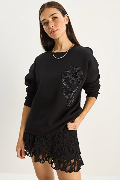 Bianco Lucci Дамска велосипедна блуза с флорална бродерия и три нишки Шерпа 60601052