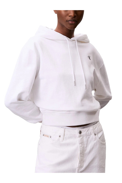 Calvin Klein Women's Regular Fit Ck Logo Embroidered K Hooded Long Sleeve White Sweatshirt Lv047C224G-Yaa