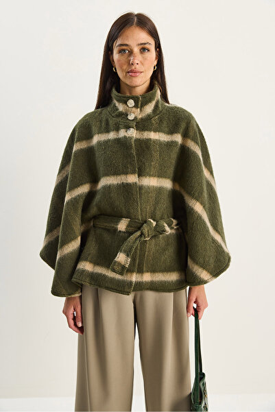 Bianco Lucci Women's Plaid Patterned Belted Button Detailed Cashmere Poncho 9081 60283766