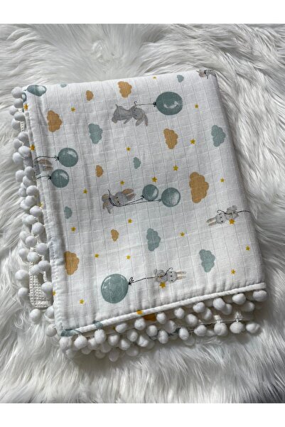 mayakids Baby Rabbit Patterned Muslin Double-Sided Pompon Blanket