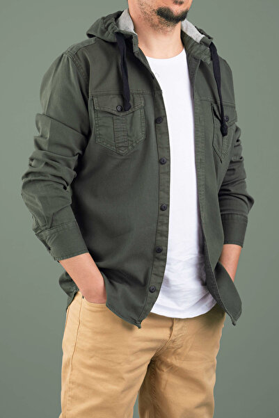 bombe Men's Slim Fit Hooded Denim Shirt Khaki