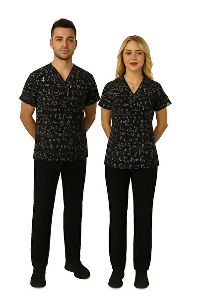 Nur Medikal Giyim Unisex Formula Patterned Stretch Fabric Doctor Nurse Teacher Surgical Scrubs Uniform Set
