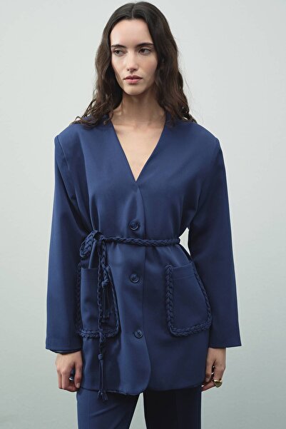 Hooopstore Meri Knitted Rope Detailed Navy Blue Jacket Set