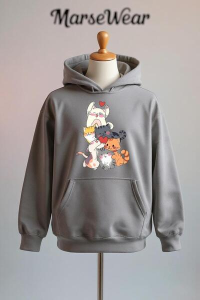 Vordevia سويت شيرت قطني كبير الحجم مطبوع عليه صورة قطة، مصنوع من 3 خيوط