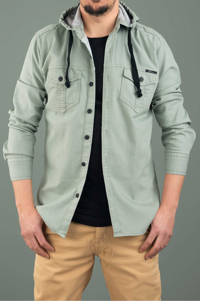 bombe Ανδρικό εφαρμοστό με κουκούλα τζιν πουκάμισο νεροπράσινο