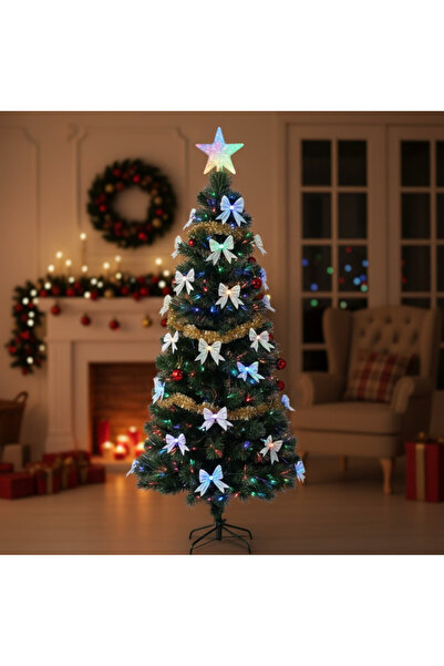 PROCART Artificial Christmas tree 210 cm, ribbons and fiber optics, star, multi-colored lights, metal stand