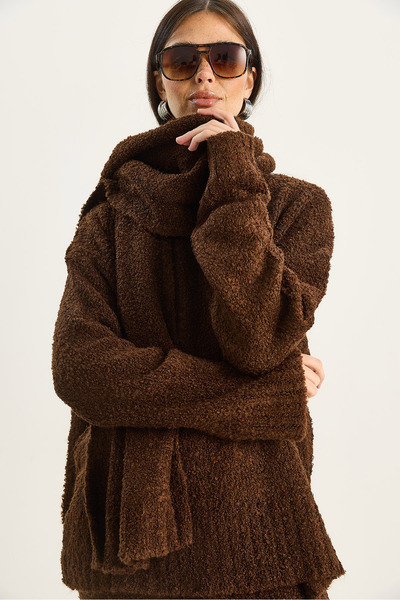 Bianco Lucci Women's Soft Textured Comfortable Cut Scarf Knitwear Set 2480 60283755