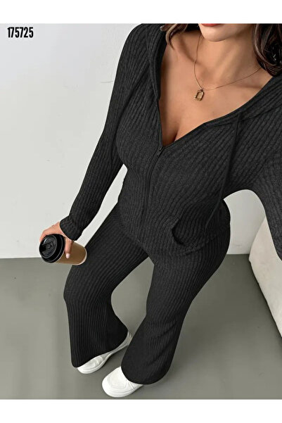 moda wanilia Women's Ribbed Knit Hooded Zippered Double Set – Blouse & Pants