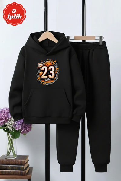 panios kids 3 İplik Winter Ş Fleece-Lined Basketball Themed Print Detailed Boys' Tracksuit Set