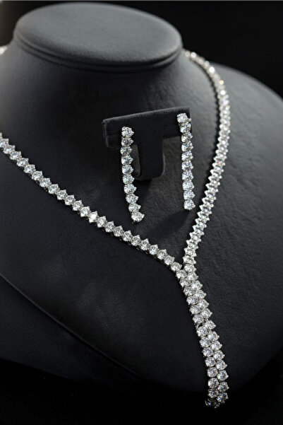 OSMANLI GÜMÜŞ طقم مجوهرات نسائي يتضمن قلادة وأقراط - طراز كلارا مع أحجار الزر...