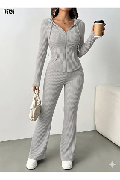 moda wanilia Women's Ribbed Knit Hooded Zippered Double Set – Blouse & Pants