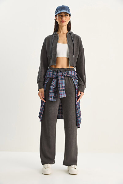 Bianco Lucci Women's Ribbed Knitted Fabric Comfortable Fit Hooded Zippered Top and Bottom Set 2030 60284064